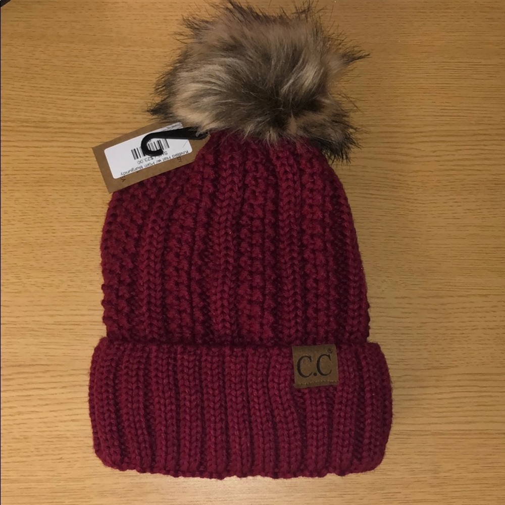 NWT Burgundy C.C Knitted Hat w/Pom.